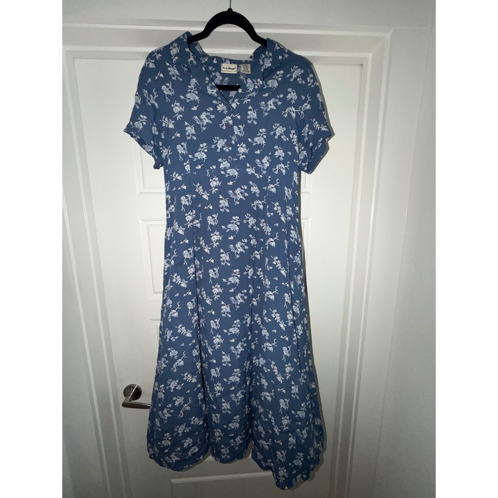 LL Bean Floral Maxi Dress Womens 10 Petite‎ Blue White Rayon Short Sleeve 0531